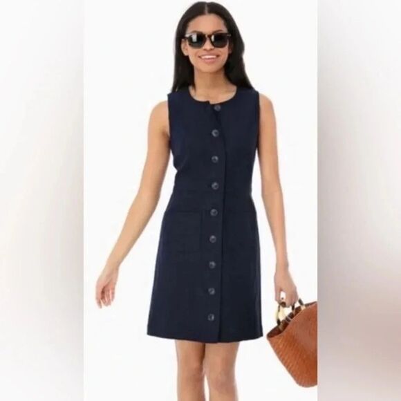 Weekend TORY BURCH casual Navy Blue Button Front Linen Shift Dress Size 2